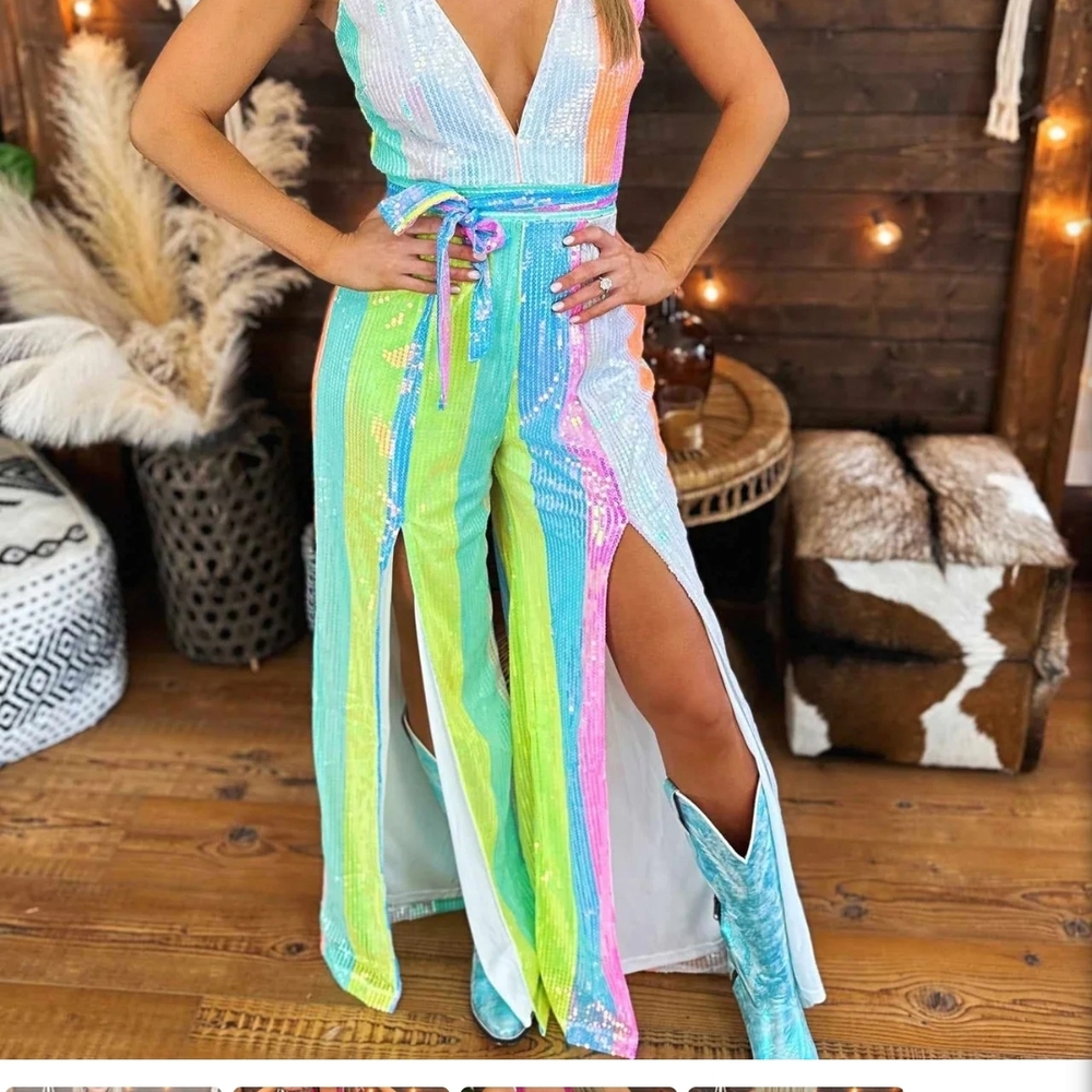 Vibrant Sequin Jumpsuit with Belt
